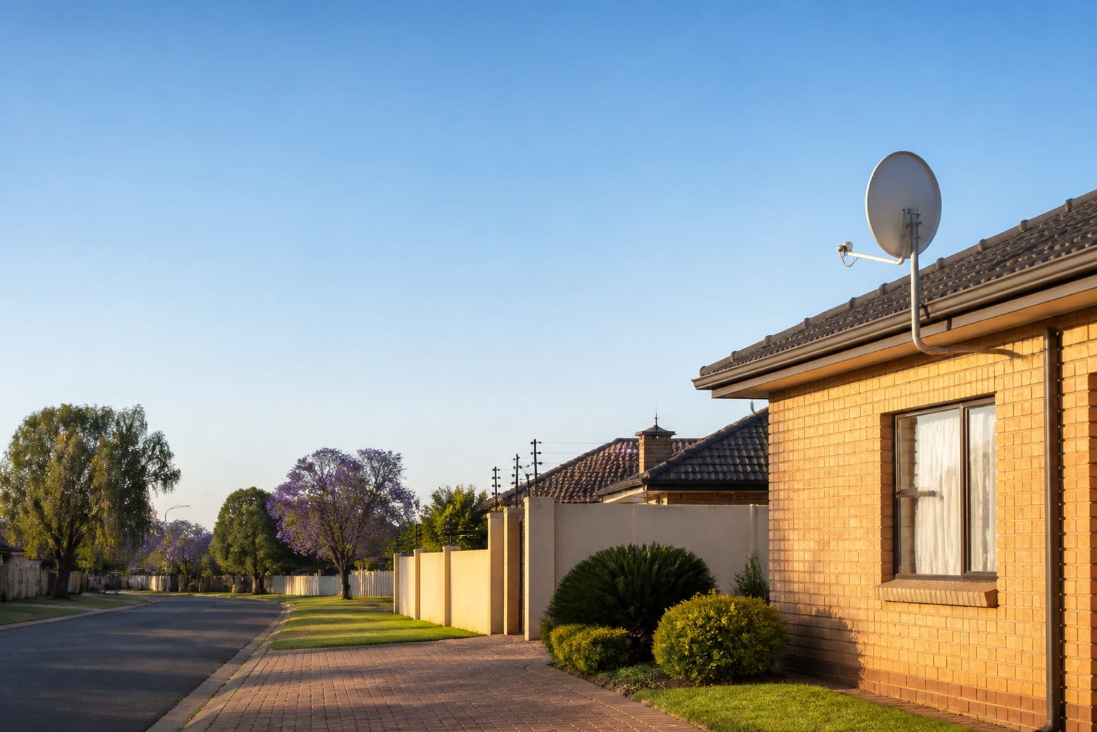 Satellite dish mounted on the face-brick wall of a Boksburg family home
