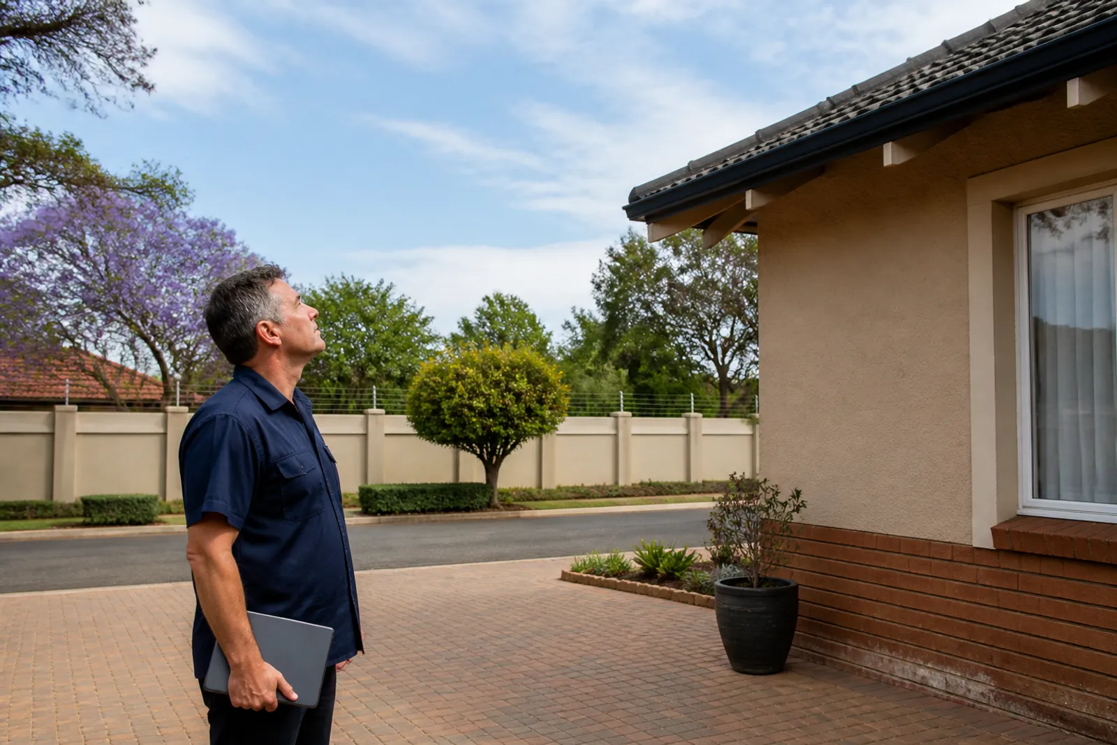 DStv installer and a homeowner working out where the dish should go