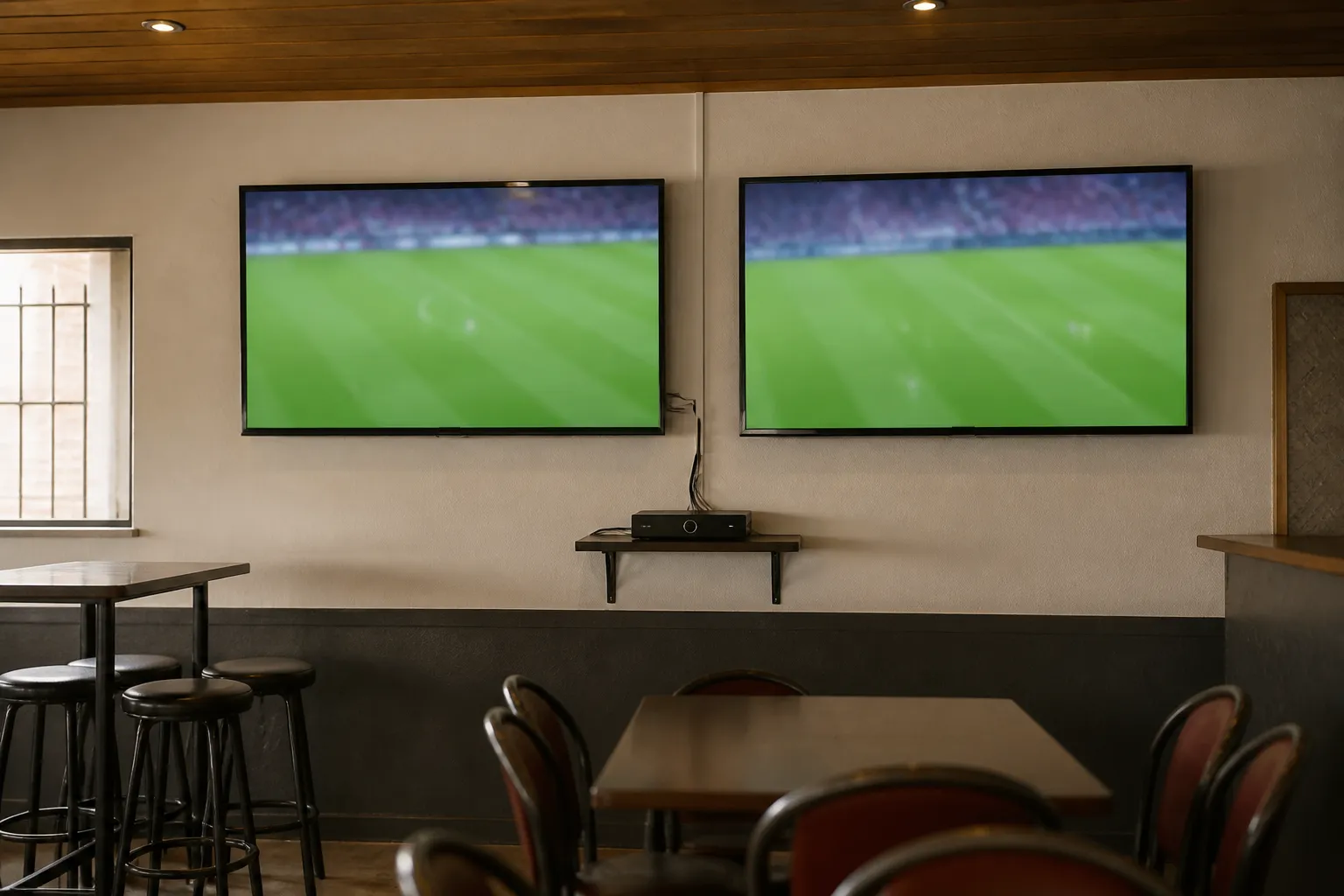 Two wall-mounted screens showing the same match above a shelf-mounted decoder in a bar