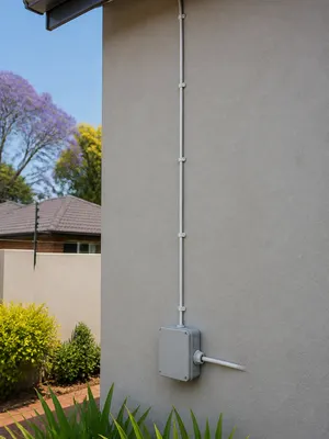 Coaxial cable clipped in a straight run down an outside wall to a weatherproof junction box