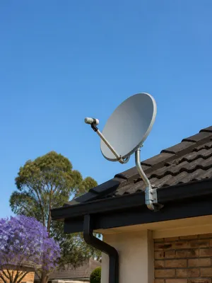 Satellite dish mounted at the edge of a concrete-tile roof on a Boksburg house