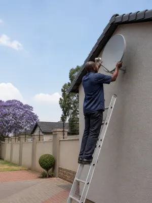 Installer on a ladder aligning a satellite dish on the wall of a Boksburg home
